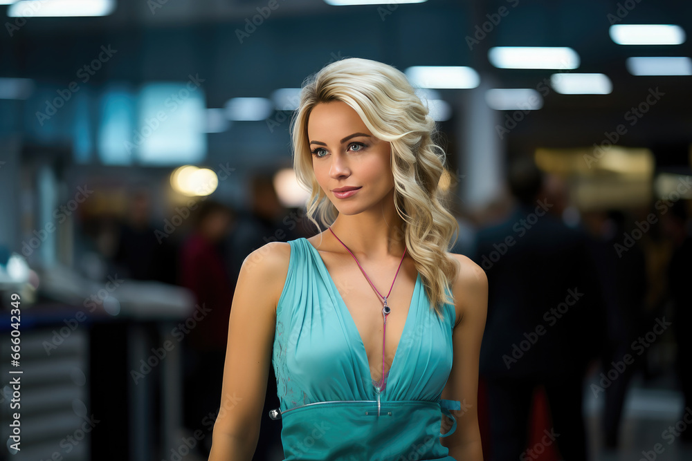 Elegant blonde woman in a blue dress, radiating confidence and style at a sophisticated event.