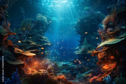 An oceanic scene of vibrant coral reefs illuminated by ethereal blue lights. Generative AI © Christopher
