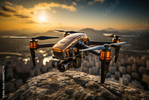 Professional drone with a camera hovering against a cityscape backdrop during a stunning sunset.