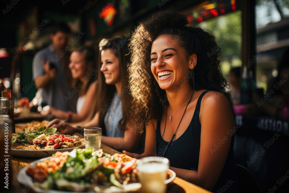 Joyful woman laughing heartily while dining outdoors with friends, capturing a warm, sunlit moment of togetherness.