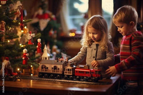 Winter holidays concept. Generative AI. Happy childhood. White-haired European little brother and sister play with toy locomotives train near the Christmas tree.