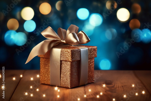 Christmas golden and blue gift box against wooden bokeh background. Holiday greeting card