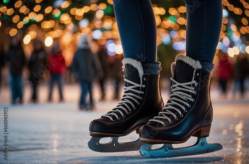 Close-up of skates on the legs of a girl at the evening skating rink against the background of a lights , garlands and joyful people in winter clothes and skates. AI generated