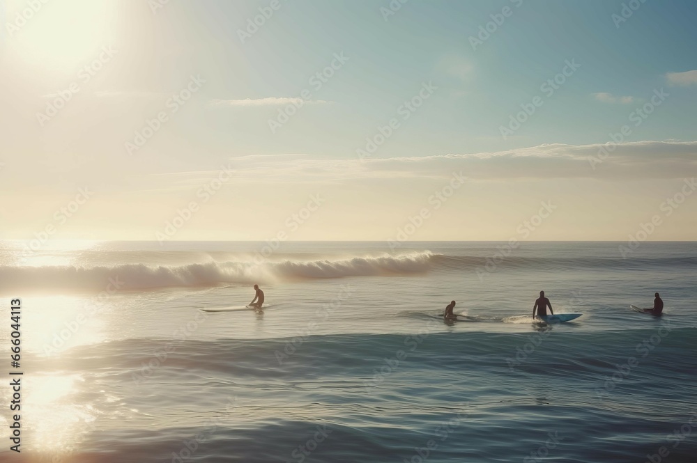 Surfers board summer ocean swimming at morning. Holiday nature surf activity. Generate Ai