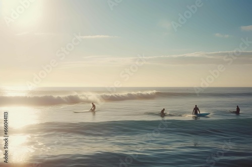 Surfers board summer ocean swimming at morning. Holiday nature surf activity. Generate Ai