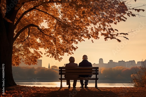 an elderly couple, a man and a woman, are sitting on a bench and enjoying the scenery, beautiful landscape at sunset, rear view