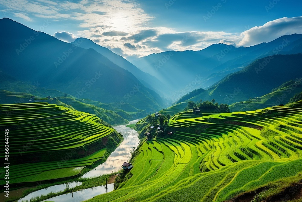 Beautiful rice terrace landscape in Mu Cang Chai, Yen Bai, Vietnam. Generative AI