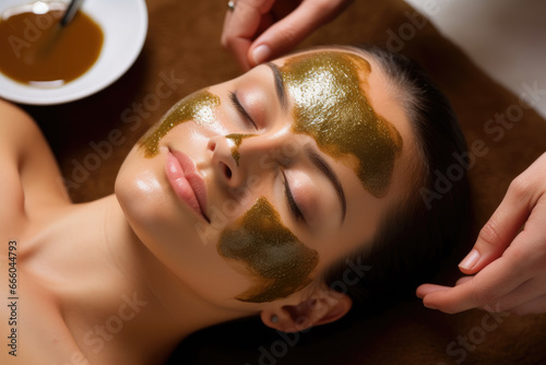 Woman at a spa with a mud facial mask photo