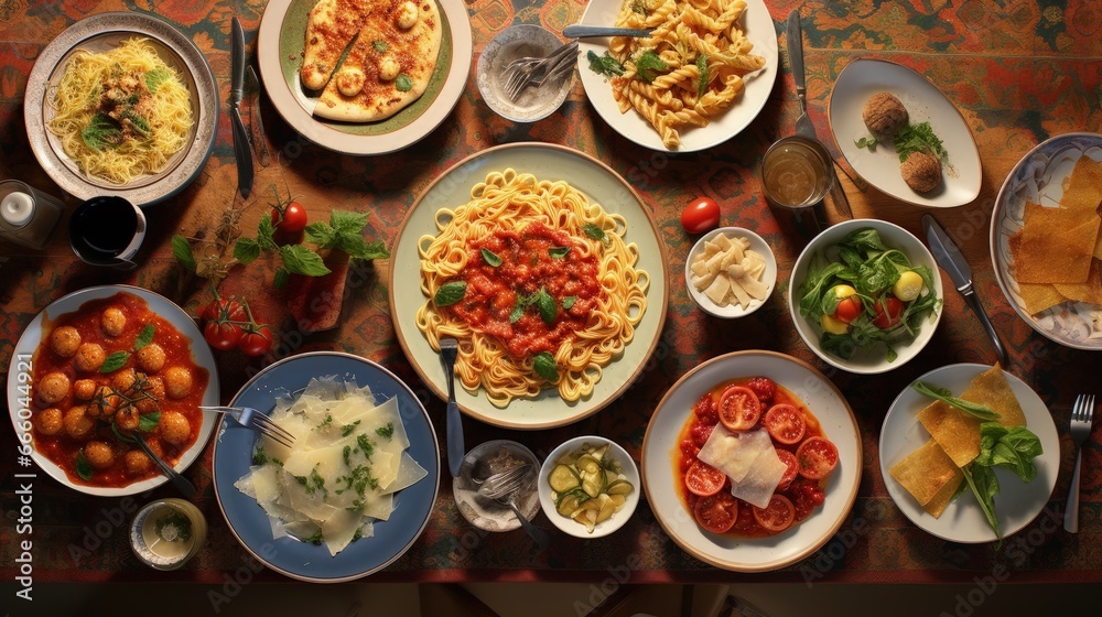 Top of view full table of italian meals on plates and pan. Pizza pasta risotto soup and fish vegetable salad.