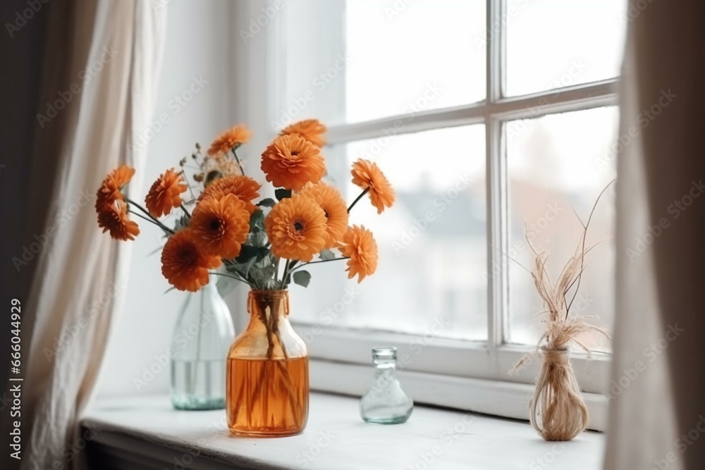 Orange flowers in vase on table near window in Scandinavian interior. Generative AI