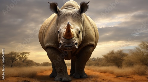 portrait of a large african rhino standing in front of a brown b