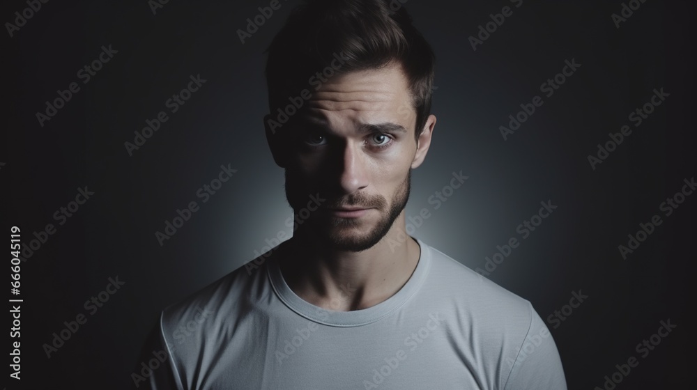 Scared Man Looking at the Camera Isolated on the Minimalist Background
