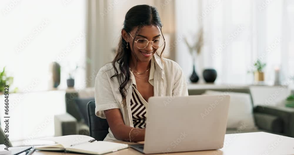 Woman, work from home notebook and computer for online research, creative planning and copywriting ideas. Young writer or freelancer typing on her laptop with blog notes, vision and brainstorming