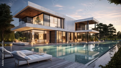 3D rendering of an upscale modern villa with pool and garden © HN Works