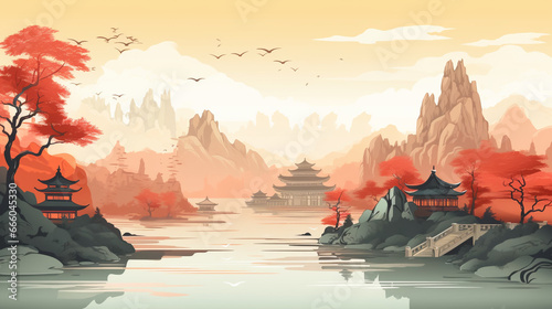 copy space, stockphoto, japanese art style, Chinese landschape with temples and waterfalls. Beautiful typical Chinese landscape with traditional temples. Beautiful nature landscape. Design for restaur