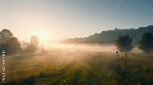 Peaceful landscape of a sunrise over the foggy meadow. © Hanna