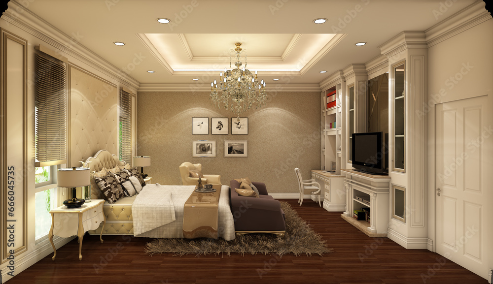 Fototapeta premium 3d render illustration The bedroom is luxurious in every aspect of the design. Focus on the details of every part of the job.
