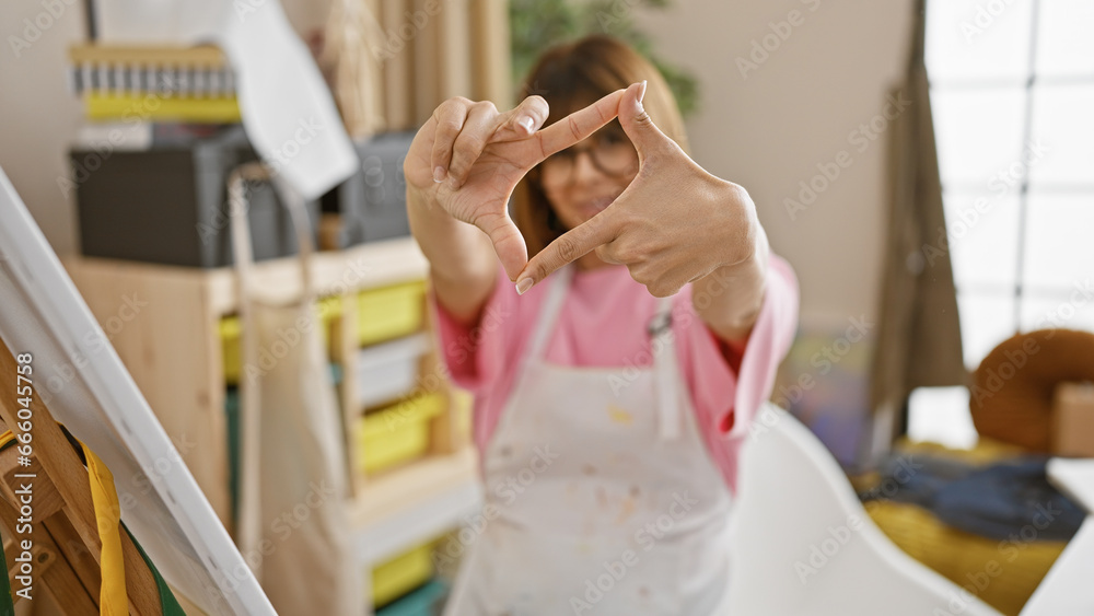 Obraz premium Confident young hispanic woman artist, all smiles, making photo gesture with hands inside art studio; a beautiful portrait of a female with short hair.