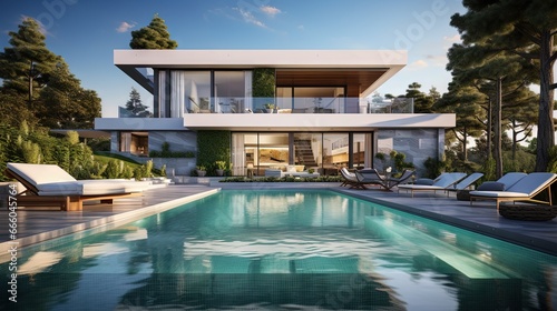 3D rendering of an upscale modern villa with pool and garden © HN Works