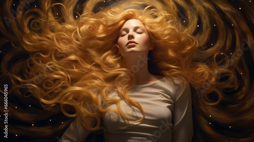 Red female hair is twisted into a spiral, forming a pattern, in the center of which is a young woman. Inner peace and meditation, dreams and mysticism.