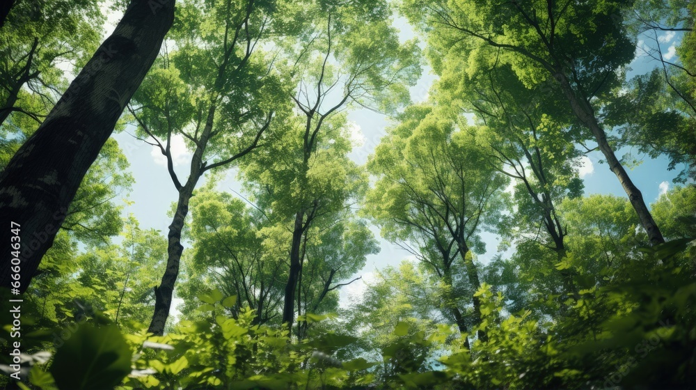 Fototapeta premium Forest, lush foliage, tall trees at spring or early summer - photographed from below