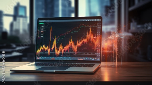 Forex graph hologram on table with computer background. Multi exposure. Concept of financial markets.