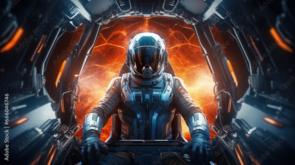 Space capsule astronaut - 3D illustration of space suit wearing male figure inside spacecraft cockpit Space capsule astronaut - 3D illustration of space suit wearing male figure inside spacecraft cockpit