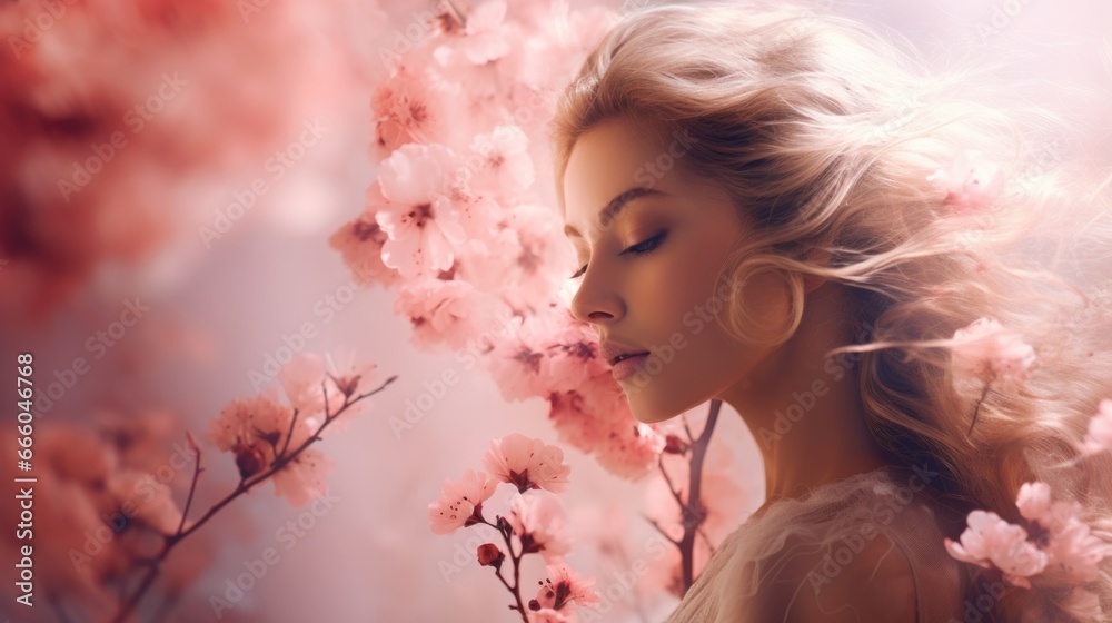 A beautiful woman's face mixed with an image of cherry blossoms. Women's beauty, fragrances and cosmetics.