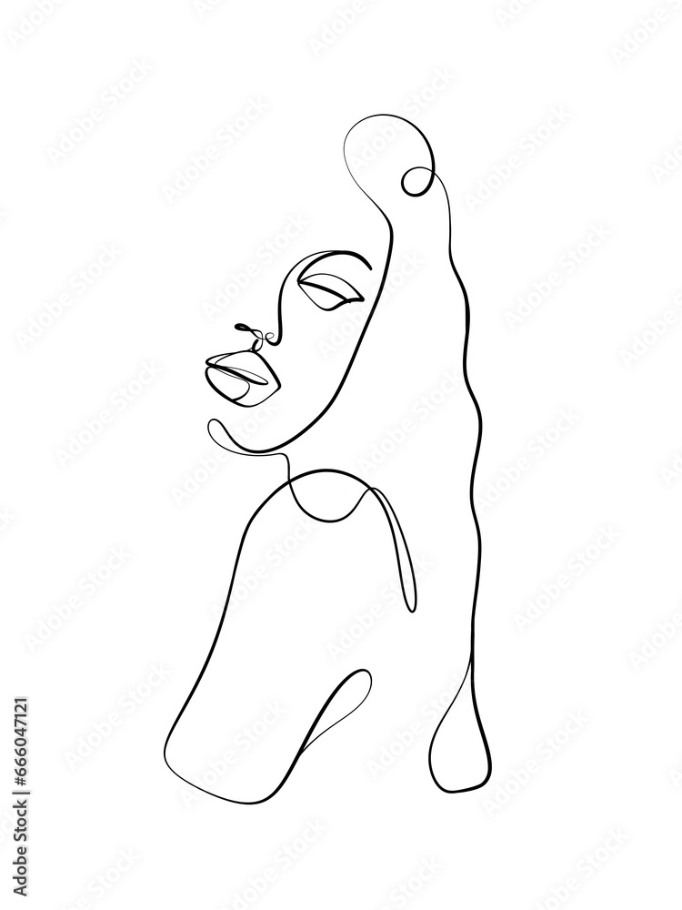 A portrait of a woman is drawn in single line style. Printable art. A portrait of a woman is drawn in single line style. Printable art.