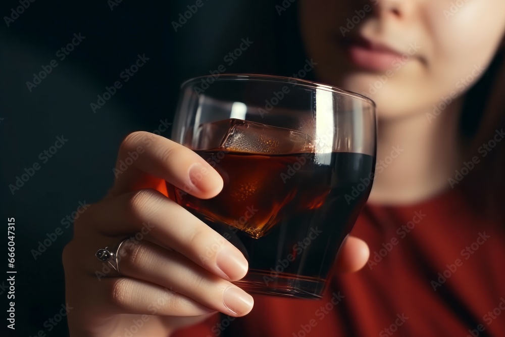 Woman glass cola drink. Hand person drink sweet liquid. Generate Ai Woman glass cola drink. Hand person drink sweet liquid. Generate Ai