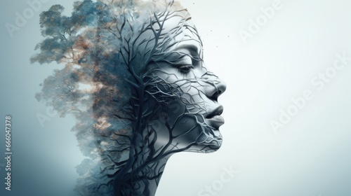 The profile of a beautiful woman is combined with an image of a tree. Unity with nature.