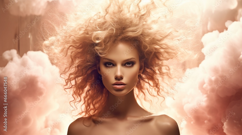 A beautiful woman is combined with an image of an explosion. Emotions and feelings. Feminine beauty.