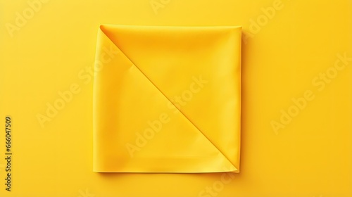 top view with yellow empty kitchen napkin isolated on table background. Folded cloth for mockup with copy space, Flat lay. Minimal style.