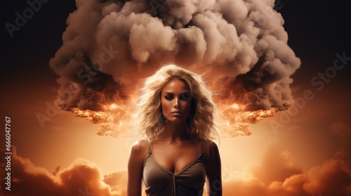 A beautiful woman is combined with an image of an explosion. Emotions and feelings. Feminine beauty.
