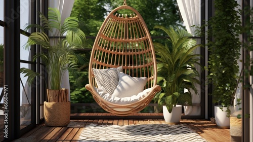 Hanging chair and geometric carpet on wooden patio with rattan garden furniture