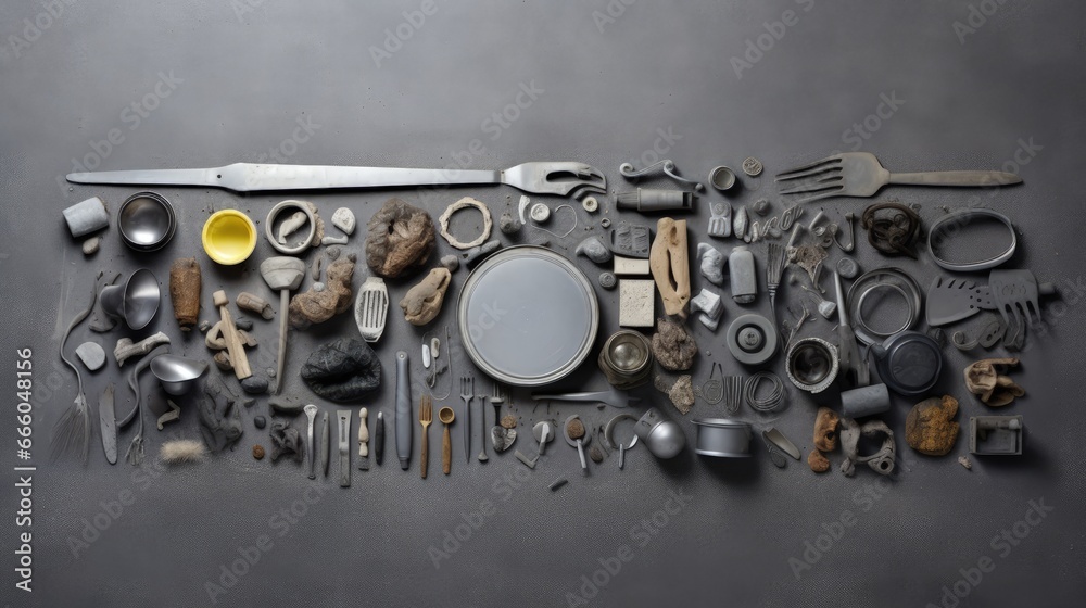 Recycling and ecology concept. Sorting household waste captured from above, flat lay. Grey concrete background Recycling and ecology concept. Sorting household waste captured from above, flat lay. Grey concrete background
