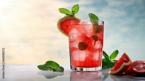 Iced fruit tea or cold watermelon drink in clear glass with mint leaf. Refreshing summer drink. Grey background  copy space.