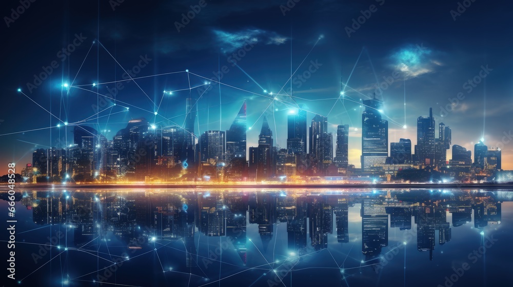 Line of cityscape and communication network illustration concept. Telecommunication. IoT (Internet of Things). ICT (Information communication Technology). 5G. Smart city. Digital transformation.