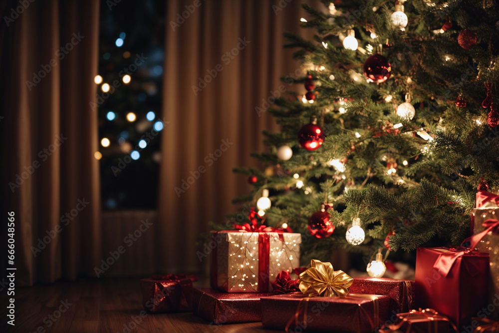 Christmas trees with bulb decorations, gifts