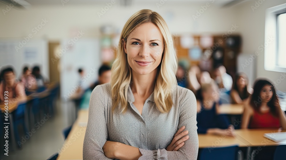 Fototapeta premium Portrait of a mid adult female teacher in a classroom