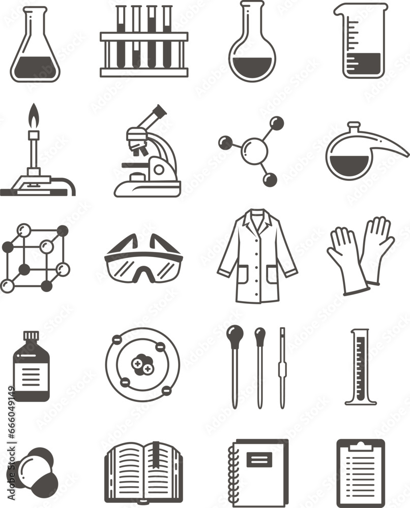 Chemistry lab icons. Chemical laboratory equipment symbols. Chemistry