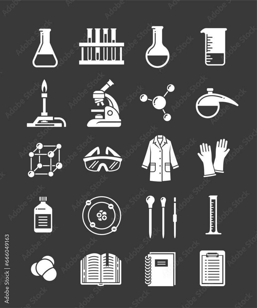 Chemistry lab icons. Chemical laboratory equipment symbols. Chemistry