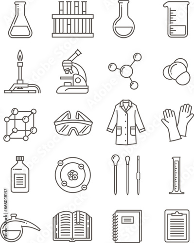Chemistry lab outline icons. Chemical laboratory equipment linear symbols. Chemistry class, school subject glyphs. Thin line pictograms of microscope, flask, burner, safety goggles, lab coat, molecule
