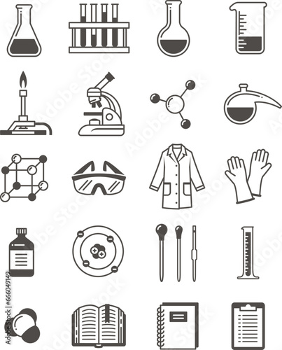 Chemistry lab icons. Chemical laboratory equipment symbols. Chemistry class, school subject black and white glyphs. Simple silhouette pictograms of microscope, flask, burner, safety goggles, molecule