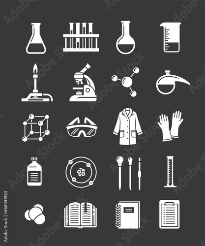 Chemistry lab icons. Chemical laboratory equipment symbols. Chemistry class, school subject glyphs. Simple white silhouette pictograms of microscope, flask, burner, safety goggles, lab coat, molecule