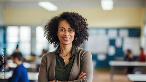 Portrait of a mid adult African American female teacher in a classroom photo