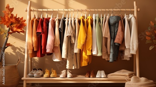 Wooden Clothing Rack with children's autumn outfit. Dress, jacket and sweaters on hangers in wardrobe close up. Nursery Storage Ideas. Home kids wardrobe. photo