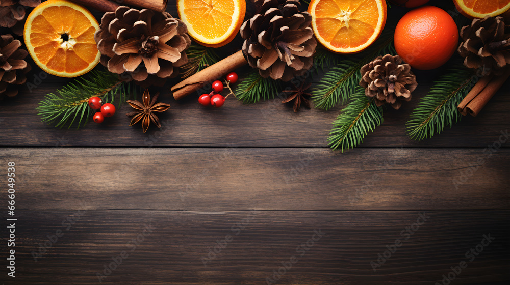 Christmas background with cones, oranges and spices Christmas background with cones, oranges and spices