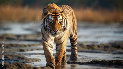 Injured dominant adult male Bengal tiger standing on the mudflat and looking back for prey at Sundarban Tiger Reserve, West Bengal, India photo