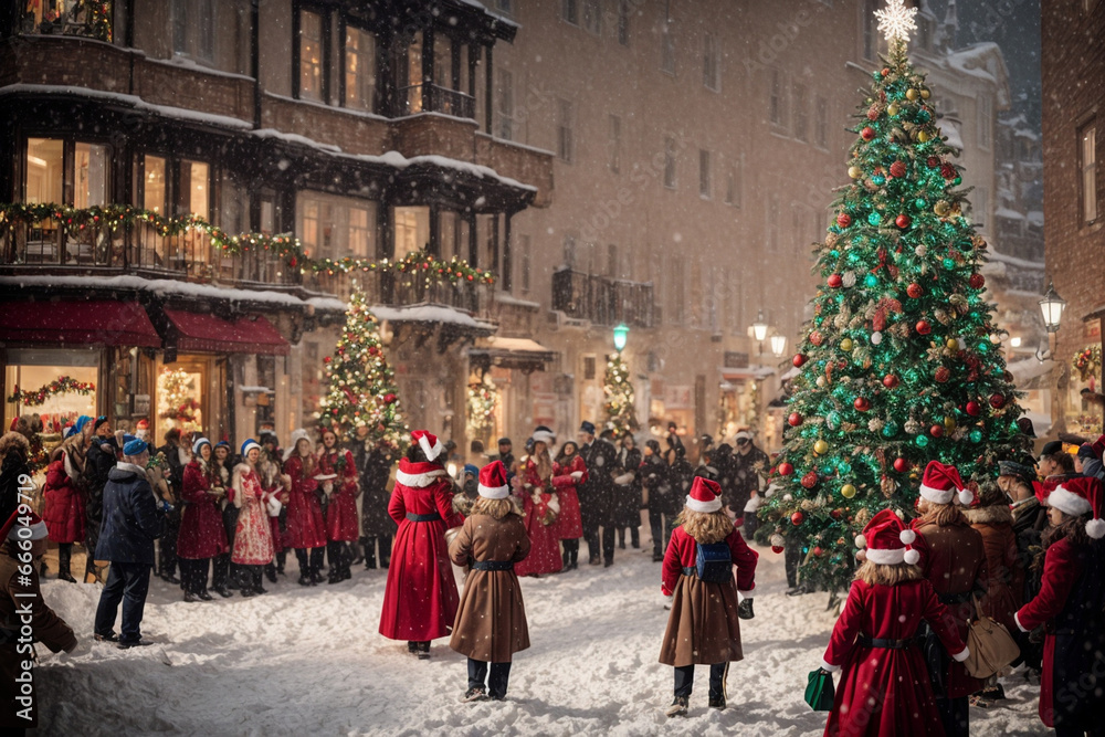 Obraz premium Christmas Winter Festival along trees and gifts, Christmas background concept 